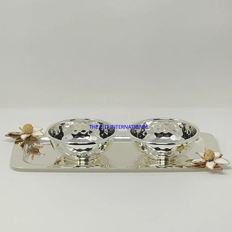 Rose Quartz Bud With Brass Enamel Flower Stainless steel mirror polish Pole Platter tray decorative bowl 6X6X6 Inch tableware