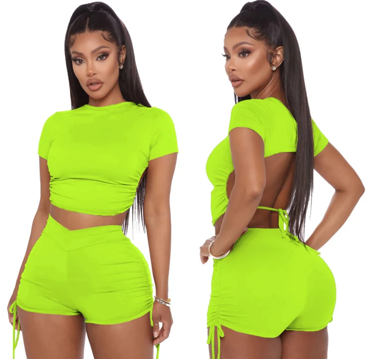 Women Short Sleeve T Shirts and Pants 2 Piece Outfit Set Drawstring Solid Sports Sets