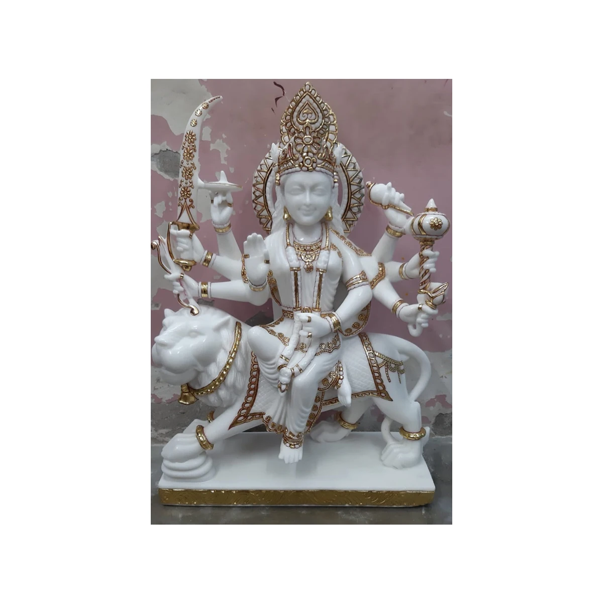 New Arrival And Glossy Finish With Handcraft Items Handmade White Marble Golden Work Durga Maa Statue With Indian Manufacturer