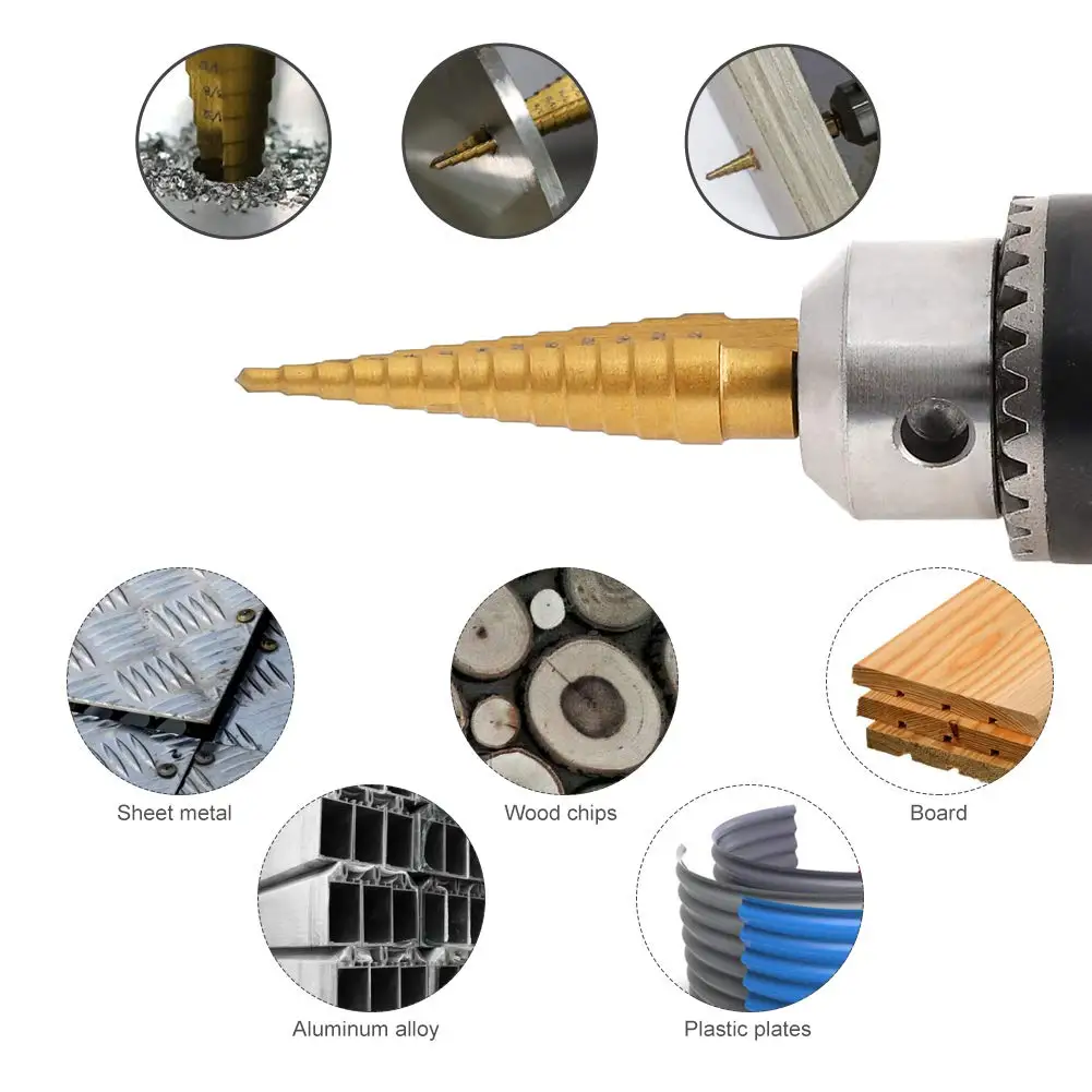 Step Drill Bit Set & Automatic Center Punch- Unibit, Titanium Coated, Double Cutting Blades, High Speed Steel,