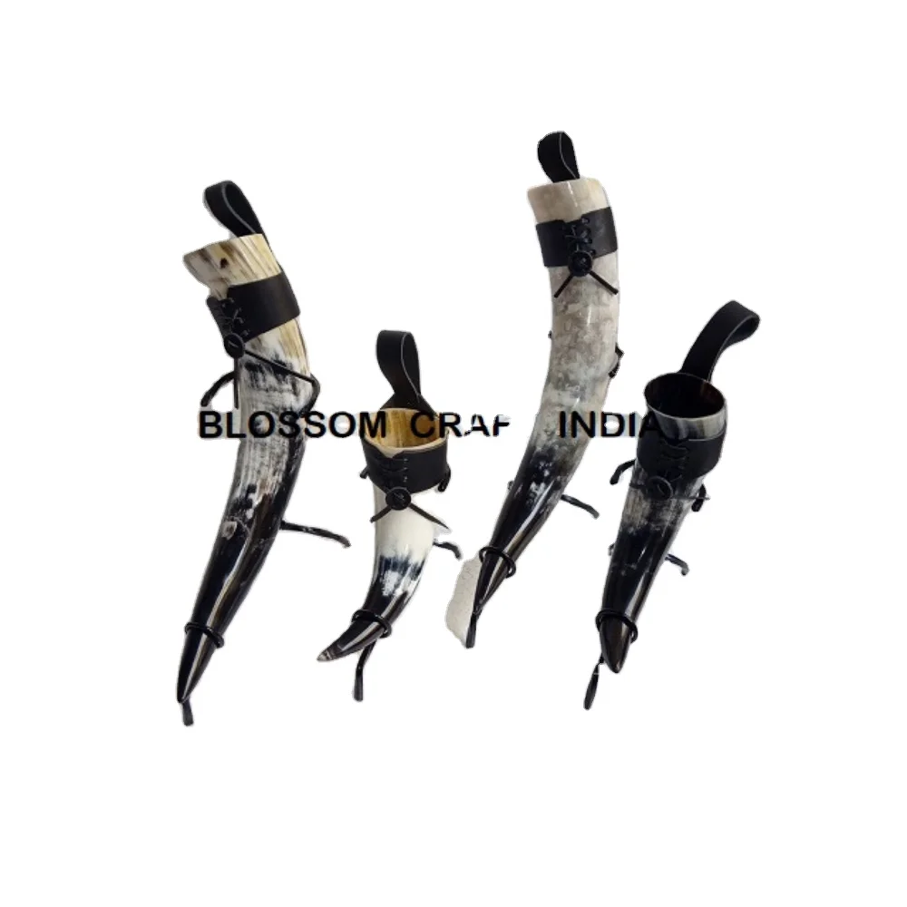 Handmade Authentic Buffalo Drinking Horn with Iron Stand Food safe Cow Drinking Horn No Leak by Blossom Craft India