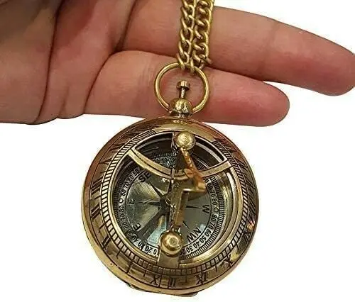 Antique nautical Sundial Push Button Solid Brass Compass with Chain Magnetic...Navigation Magnetic Compass New Product