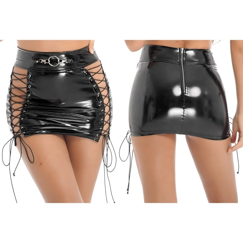 Womens Fashion Hollow Out Lace-up Mini Skirt Clubwear Wet Look Patent Leather Pencil Skirts
