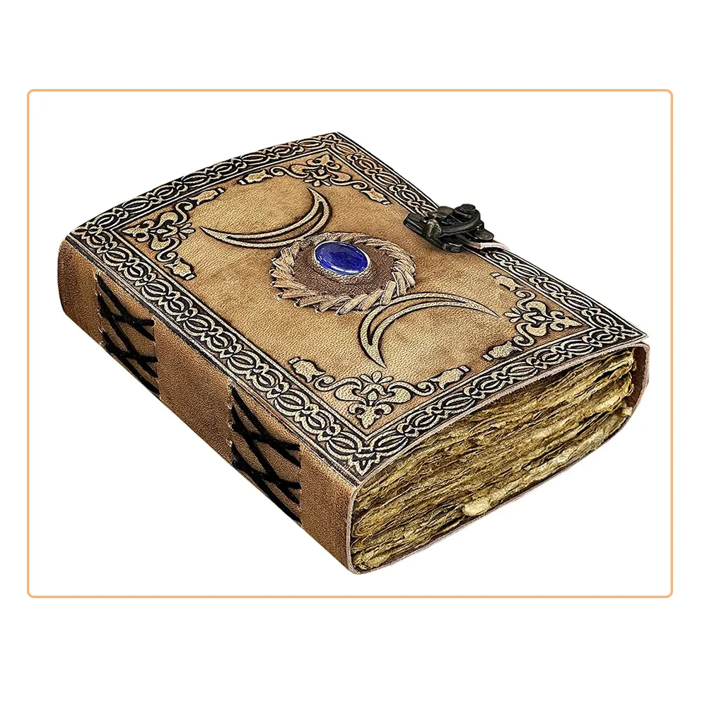 Factory Price Vintage Leather Journal With Semi Precious Stone Triple Moon Design Embossed Handmade Paper