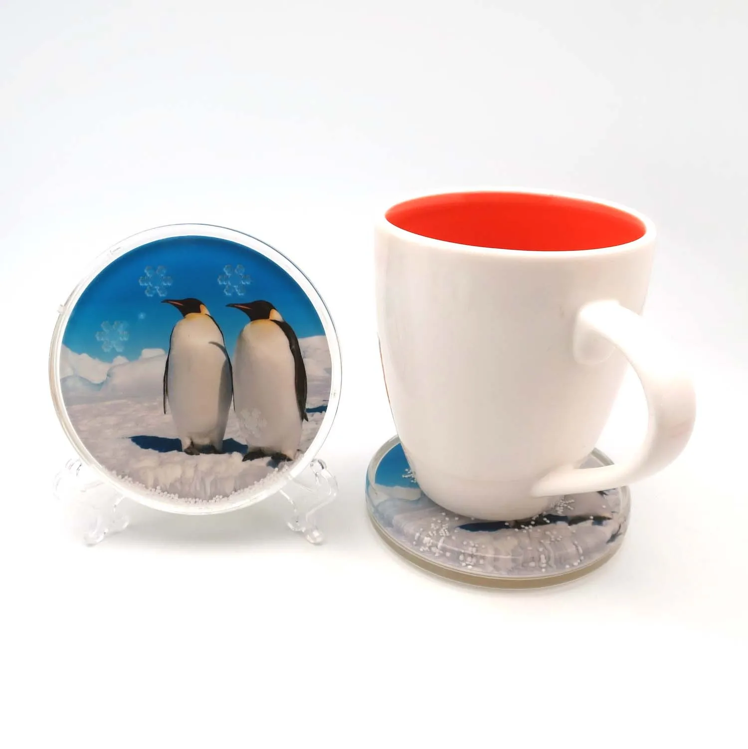 Crystal Look 4-inch drink Coaster, make a Fun to rotate,Christmas gift, snow,Penguin,Winter,Snowflake