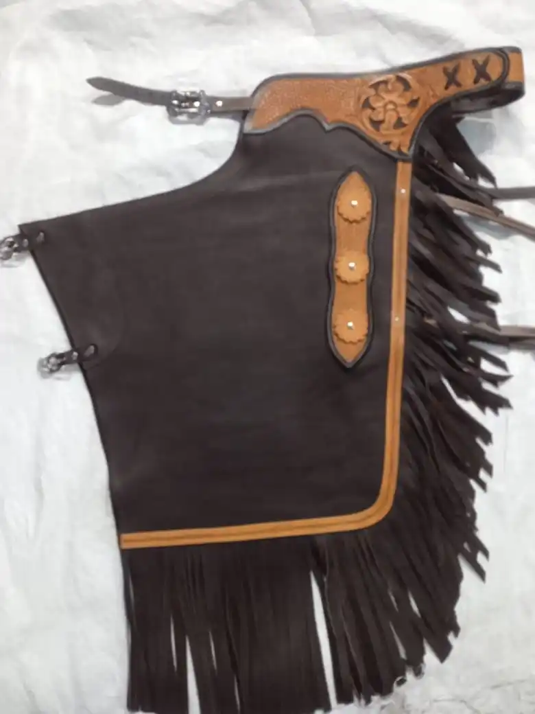TOP SELLING WESTERN RIDING CHAPS WITH FRINGES /CUSTOM DESIGN LEATHER OR FABRIC RIDING CHAPS WITH FRINGES AND SILVER BUCKLES