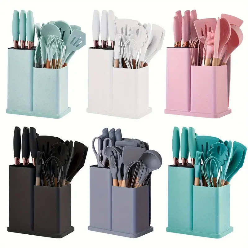 19-Piece Premium Silicone Kitchen Utensil Set Wooden Handles Heat Resistant Non-Stick Cooking Tools Bamboo Storage Cooking