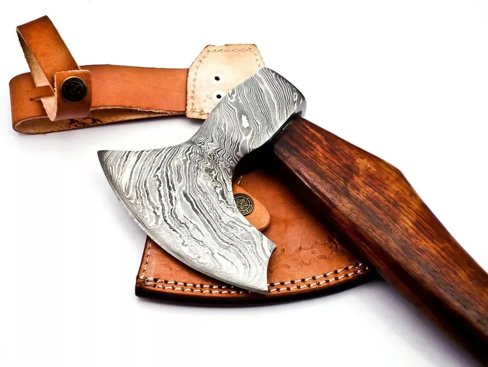 Professional Damascus Axe  Custom Handmade Damascus Steel Axe  Rose wood Handle and Leather Sheath