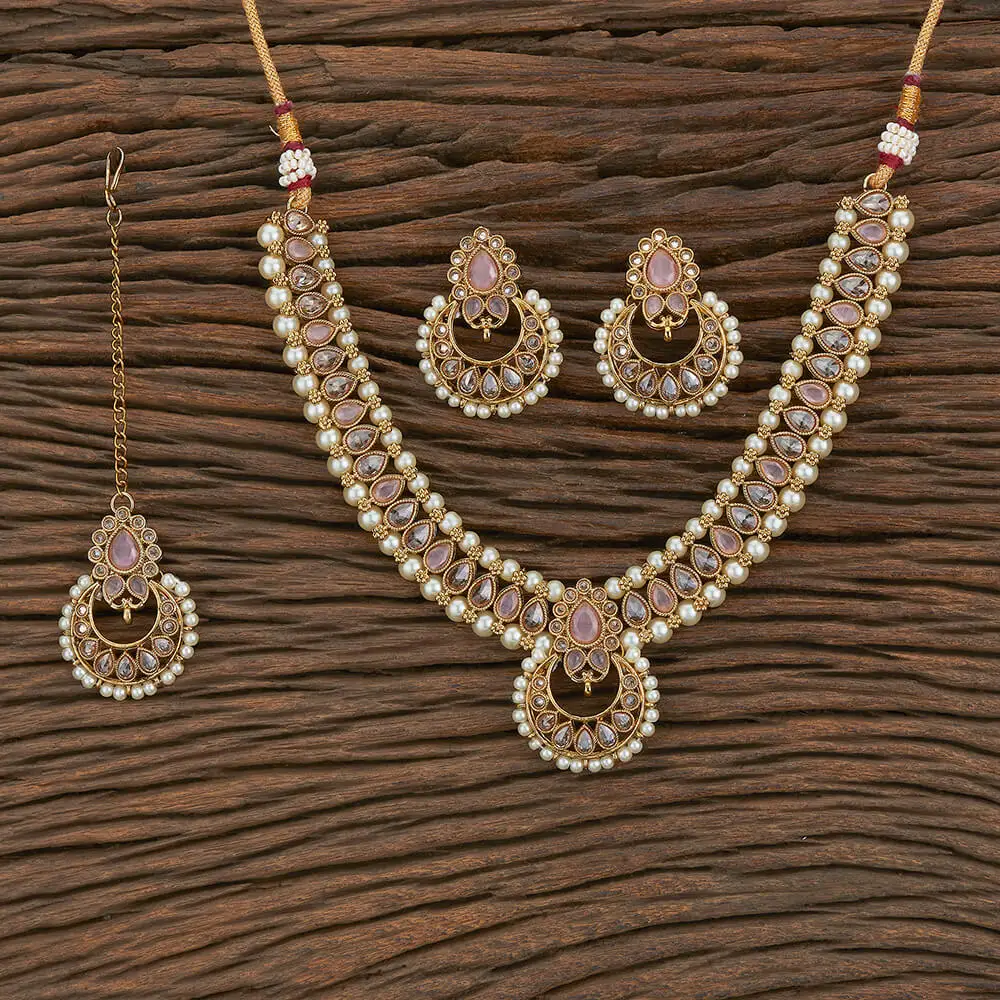 Antique Reverse Ad Stone Moti Necklace Set With Mehndi Plating 217298 Dealing in Large Scale