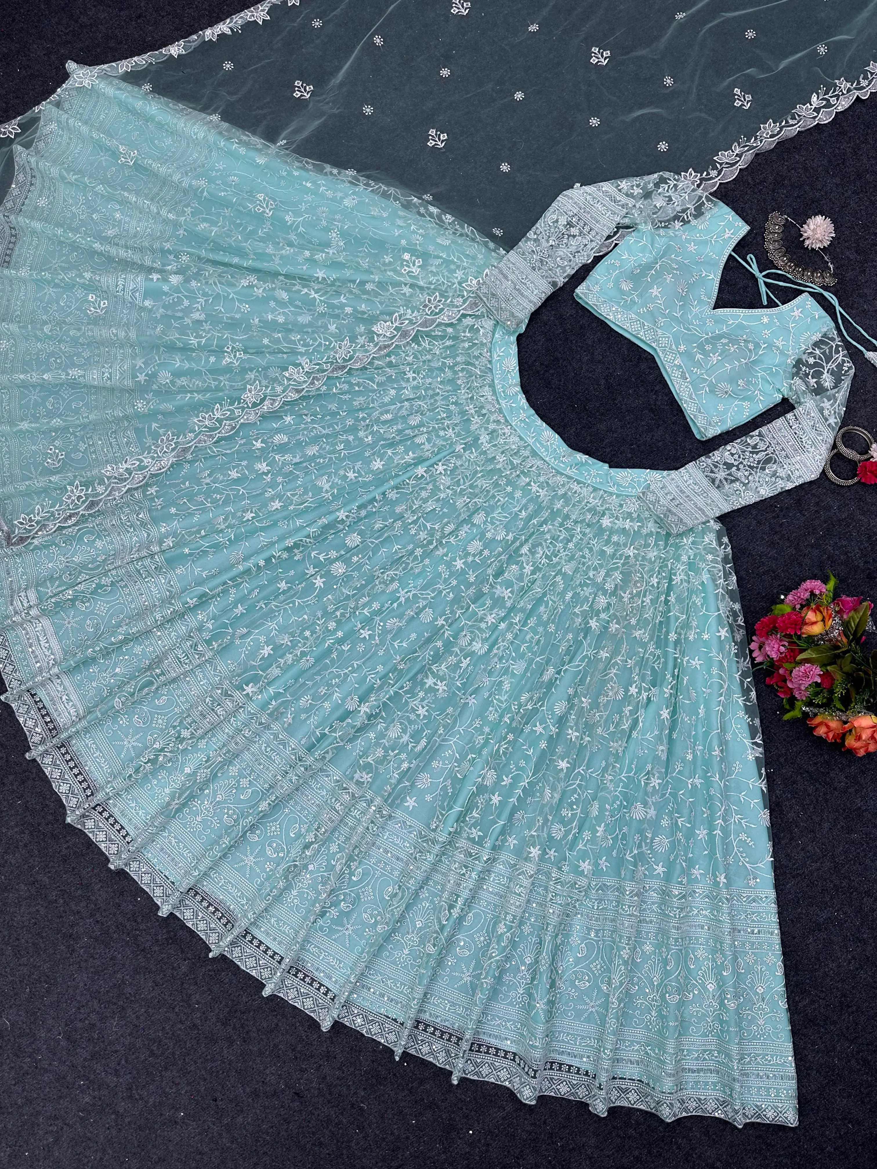 Beautiful Embroidery With All Over Mirror Work Wholesale Priced Embroidered Lehenga Choli And Jacket Navratri Festival Clothing