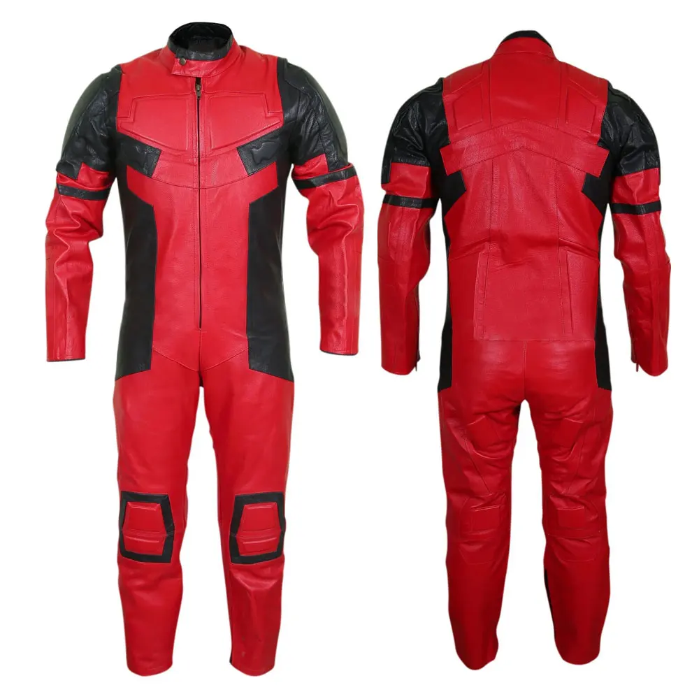Mens Full-Body Leather Motorcycle Suit with Back Protector & Abrasion Resistance