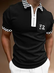 Men Zipped Polo Shirts Plaid Short Sleeve Tee Golf Tennis T-Shirt Casual Lapel Tops