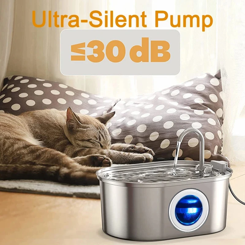 3.2L Stainless Steel Cat Fountain with Water Level Window USB Charging Sensor Pet Water Fountain Cat Dog Water Dispenser for Cat