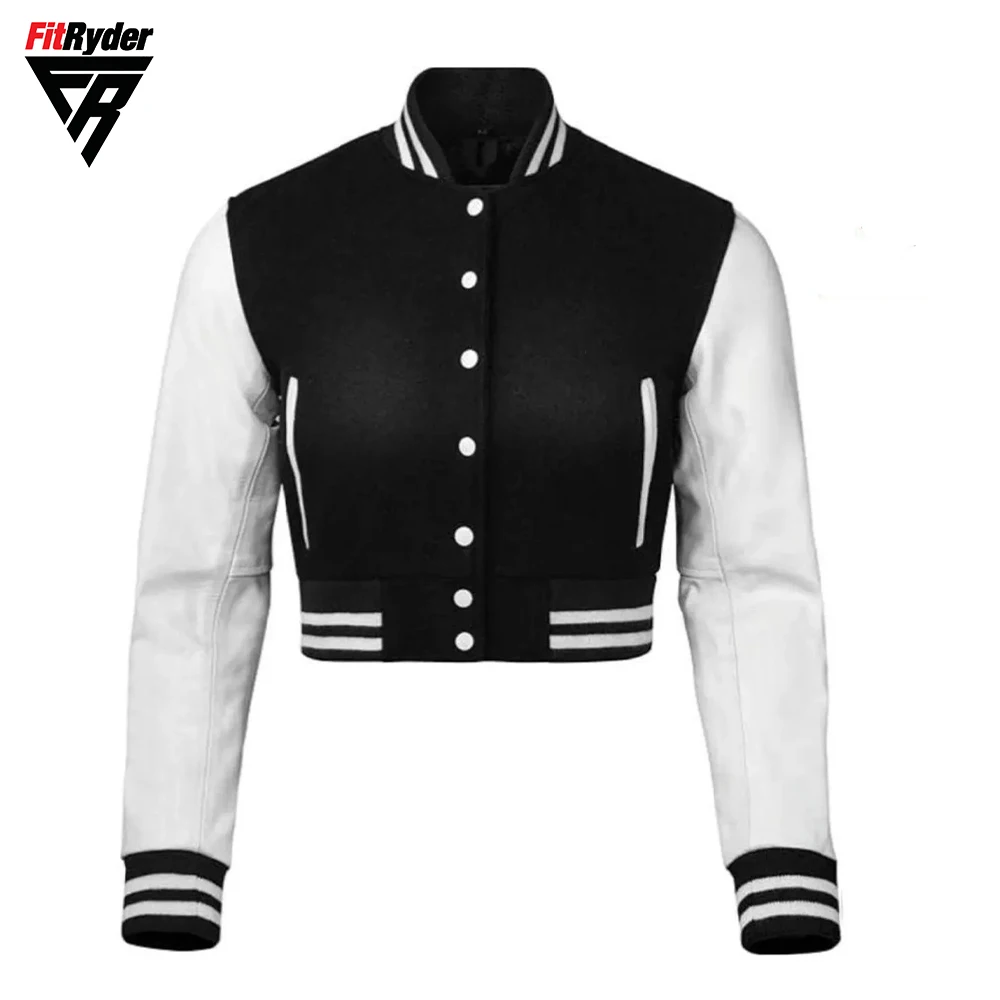 Womens Cropped Varsity Jacket Black Wool Body & White Cowhide Leather Sleeves Letterman Baseball Bomber Crop Varsity Jacket