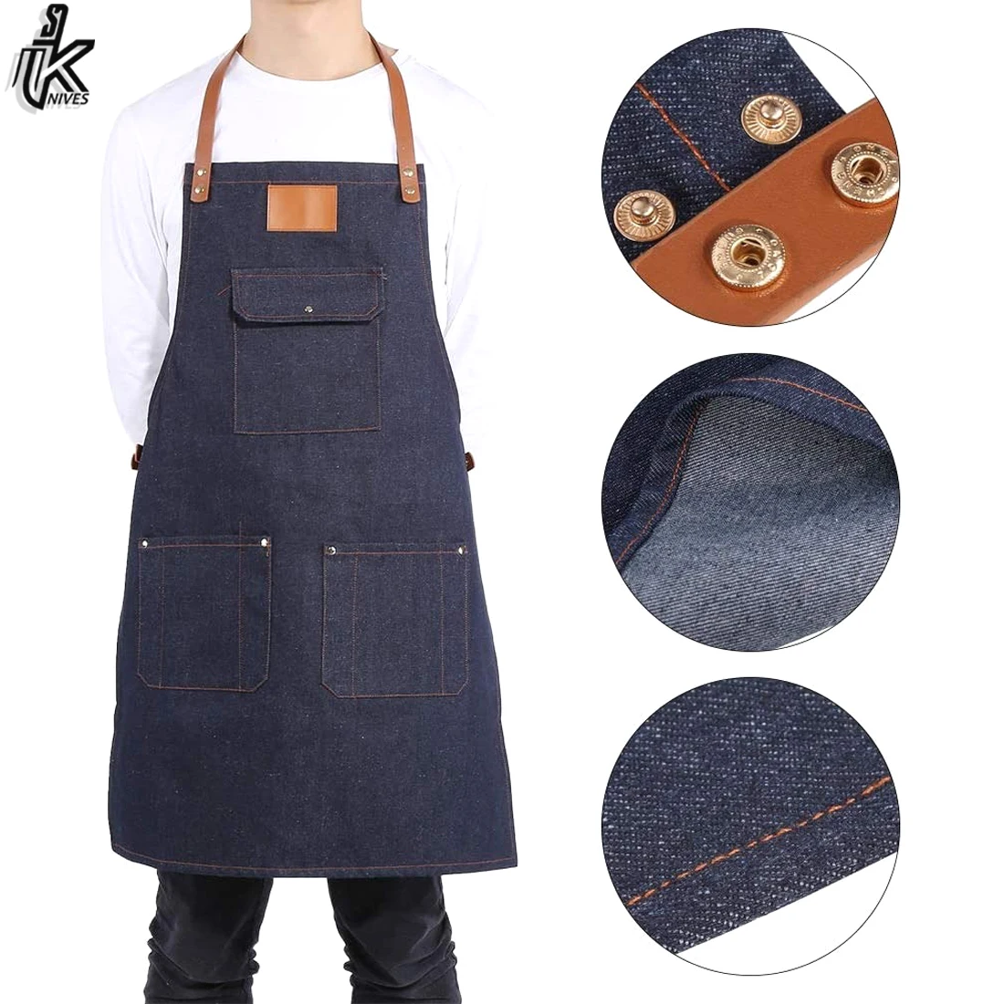 2022 New Denim Bib Apron for Women Men with Leather Strap Work Cook Uniform Apron