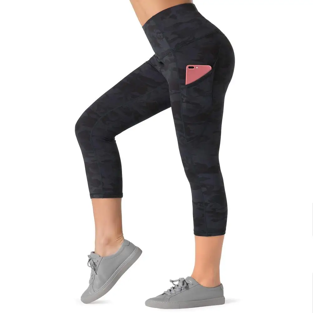 OEM Design Active Wear Custom Made Printed Black Camo Capri Leggings Yoga Pants with Phone Pocket Push Up Yoga Capri