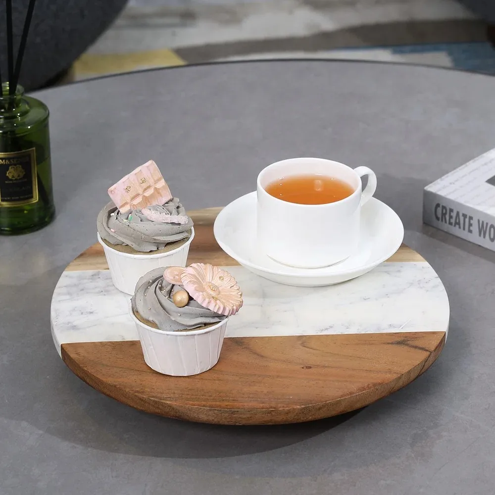 Wood Lazy Susan  Round Tabletop Lazy Susan Turntable with White Marble Base is Perfect for Serving Food Storing Spices