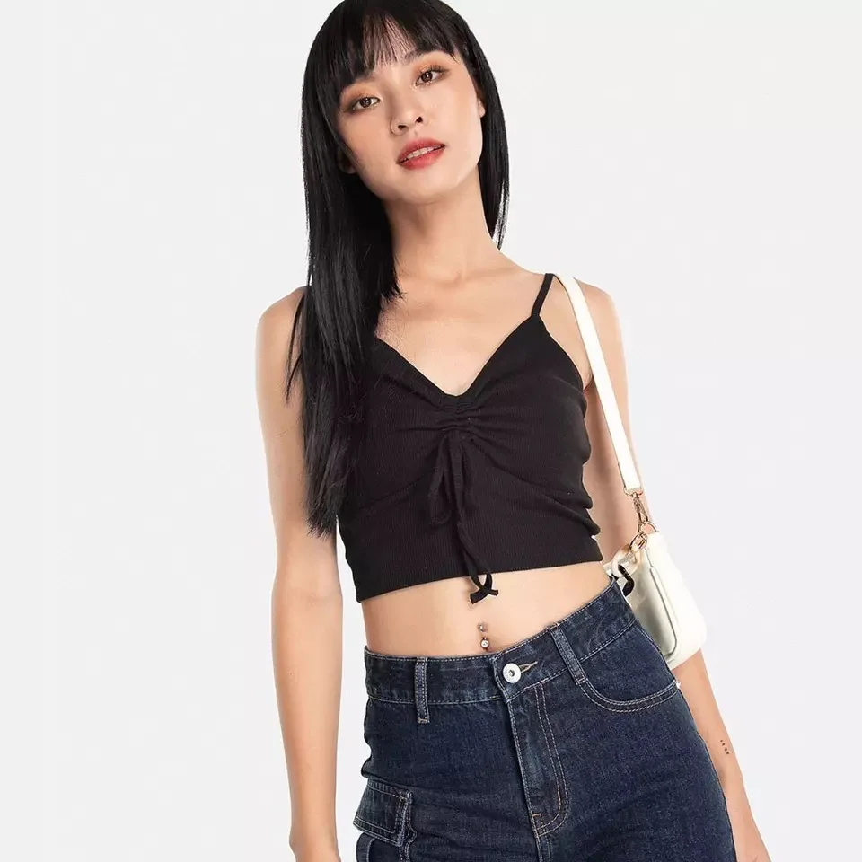 Ladies Modern Blouse Ribbed Knit Slip Crop Fashion Cutting Blouse Design Drawstring Produced In Vietnam