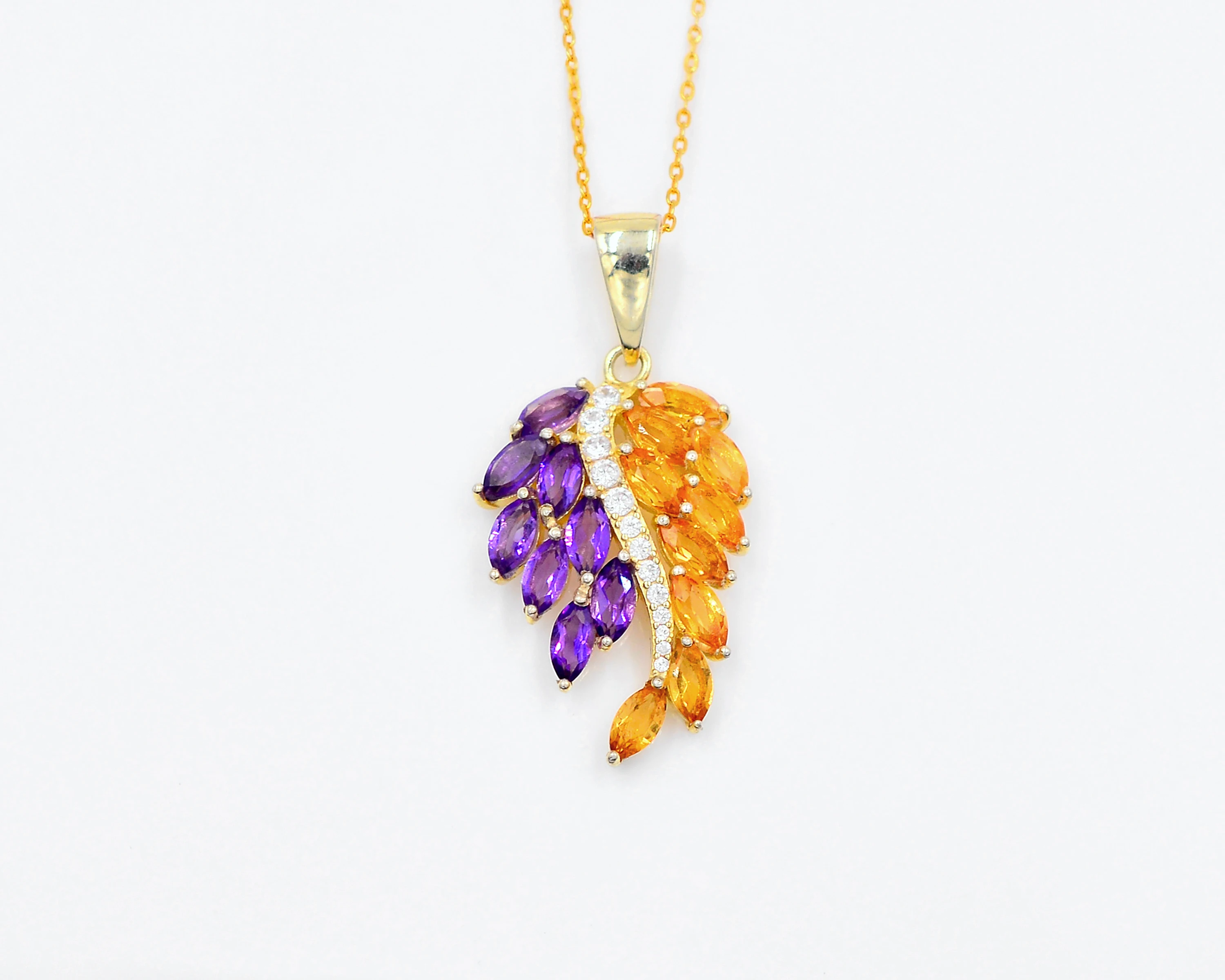 2.40 Carat Natural Amethyst And Citrine Marquise Gemstone Pendant Solid 925 Silver 18k Gold Vermeil Pendant Chain Necklace