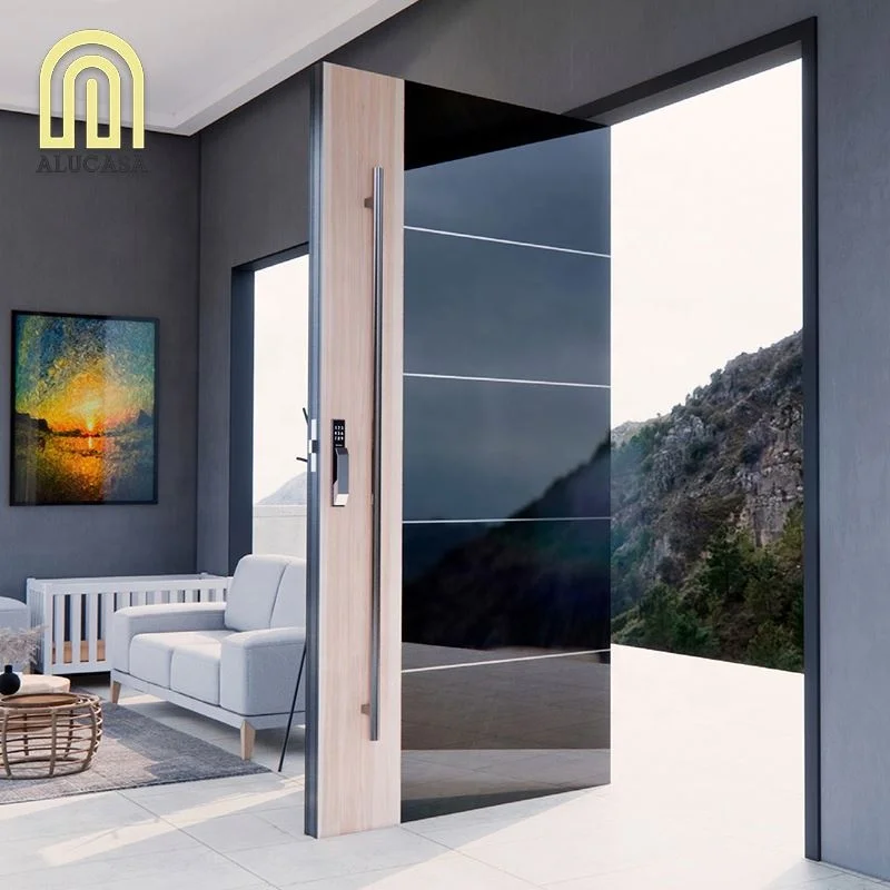 Alucasa Hurricane Custom Villa Big Luxury Black Entry Modern Stainless Steel Front Entrance Pivot Door