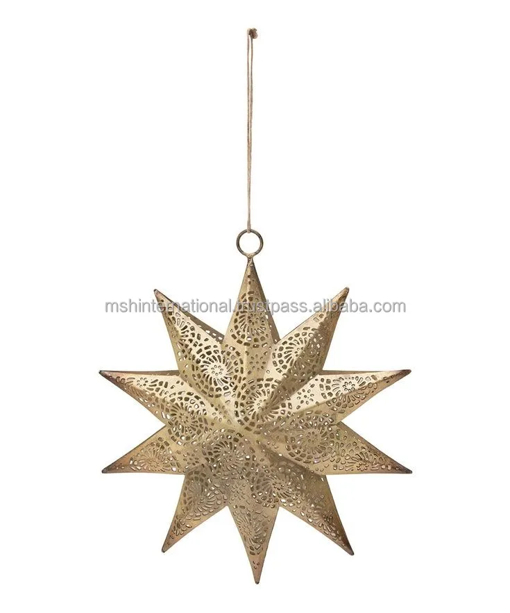 Customized Metal Gift Round Matte Gold Brass Metal Christmas star Ornaments Flat Ornament For Hanging