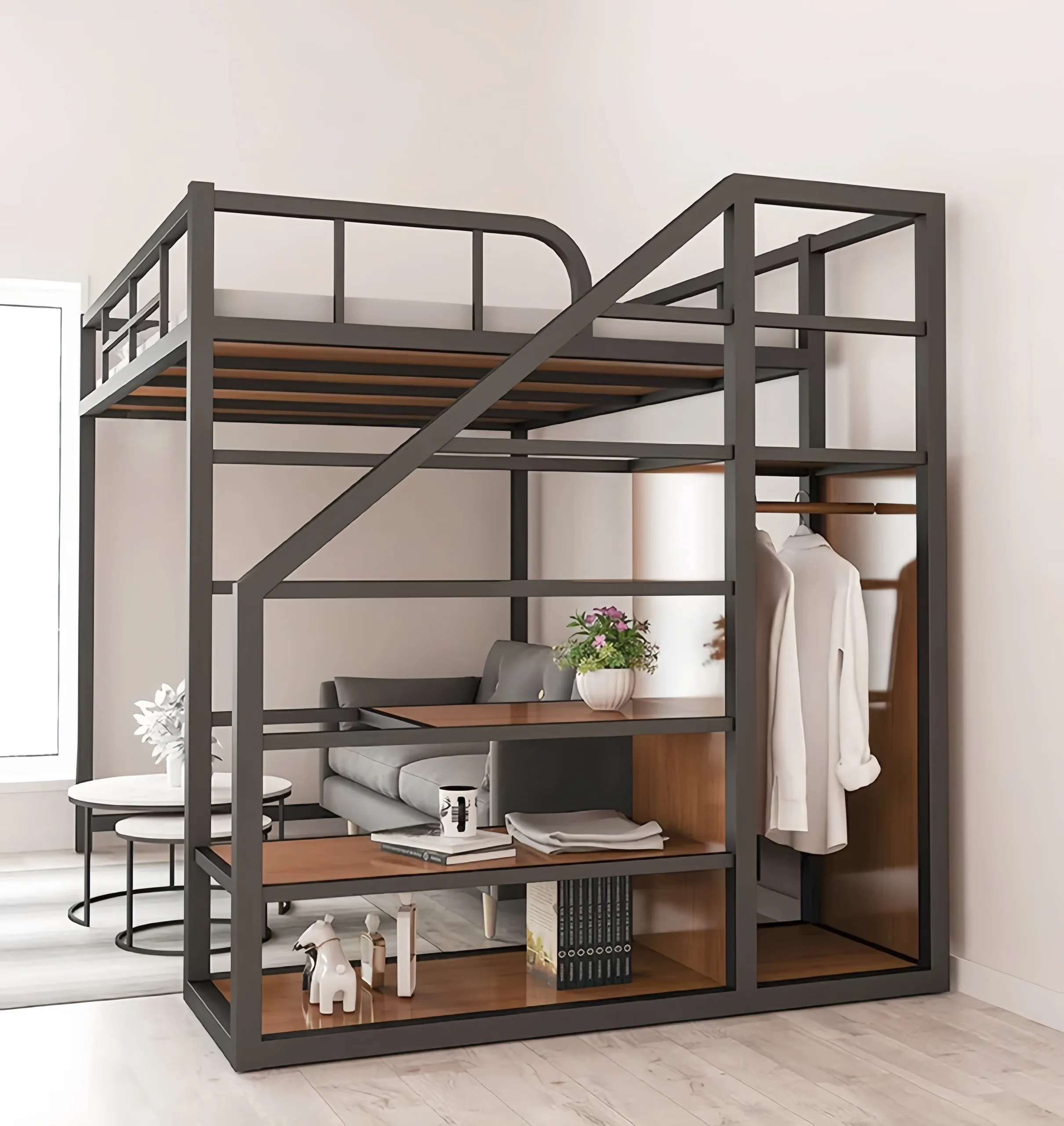 Space-Saving Indoor Home Furniture Luxury Design Stair Bed Bedroom Furniture Metal Frame Bed With Spare Space For Sofa