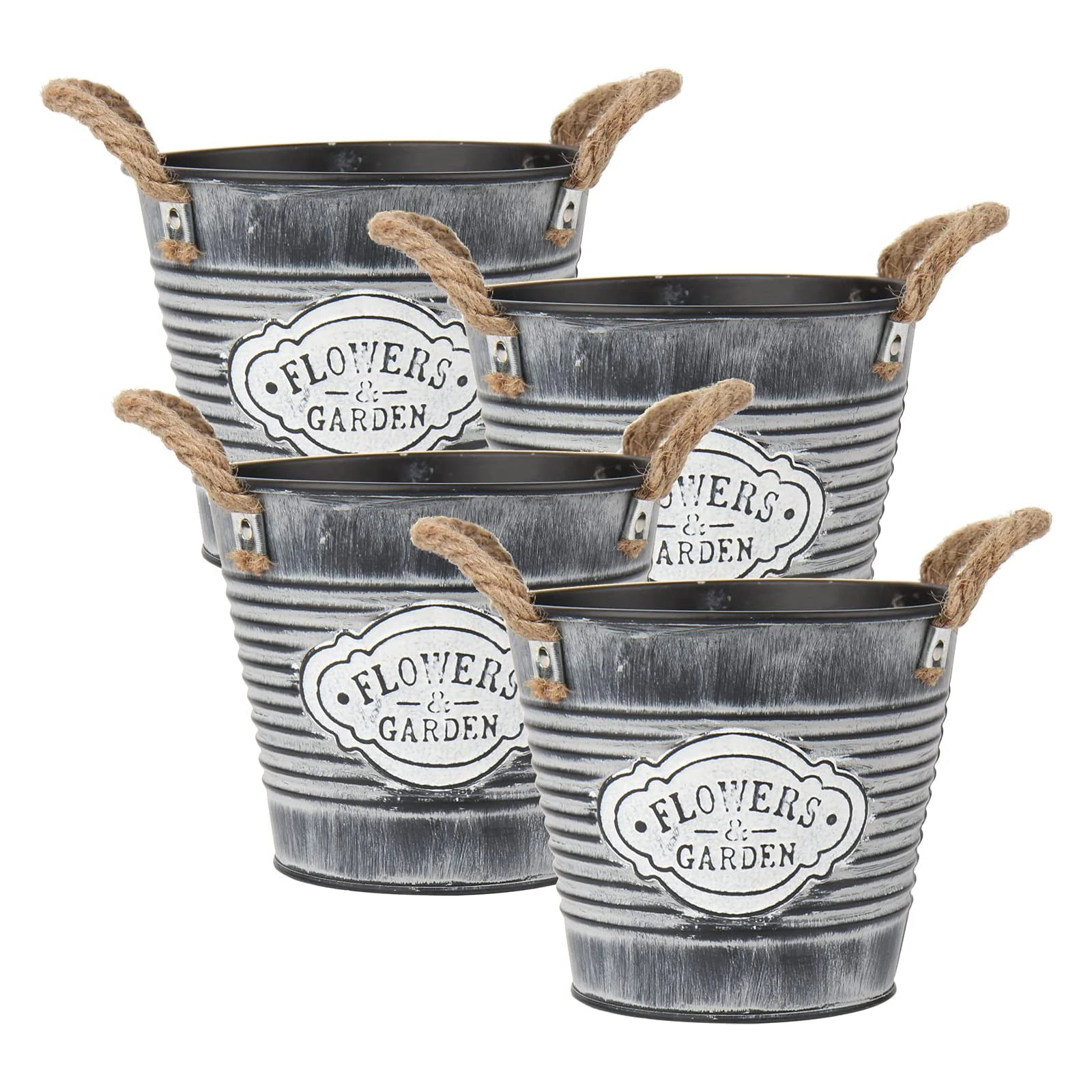 Set of 4 galvanized buckets and garden planters with rope handles Customized modern garden accessories
