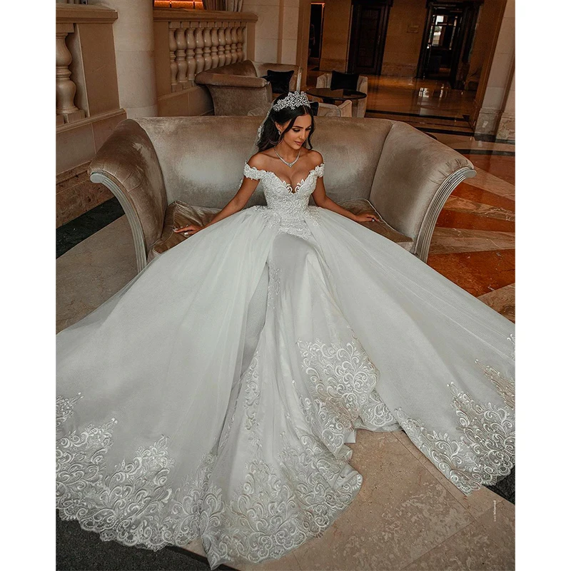 vestidos de novia Luxury lace applique mermaid wedding dress bridal gown with Detachable tulle train