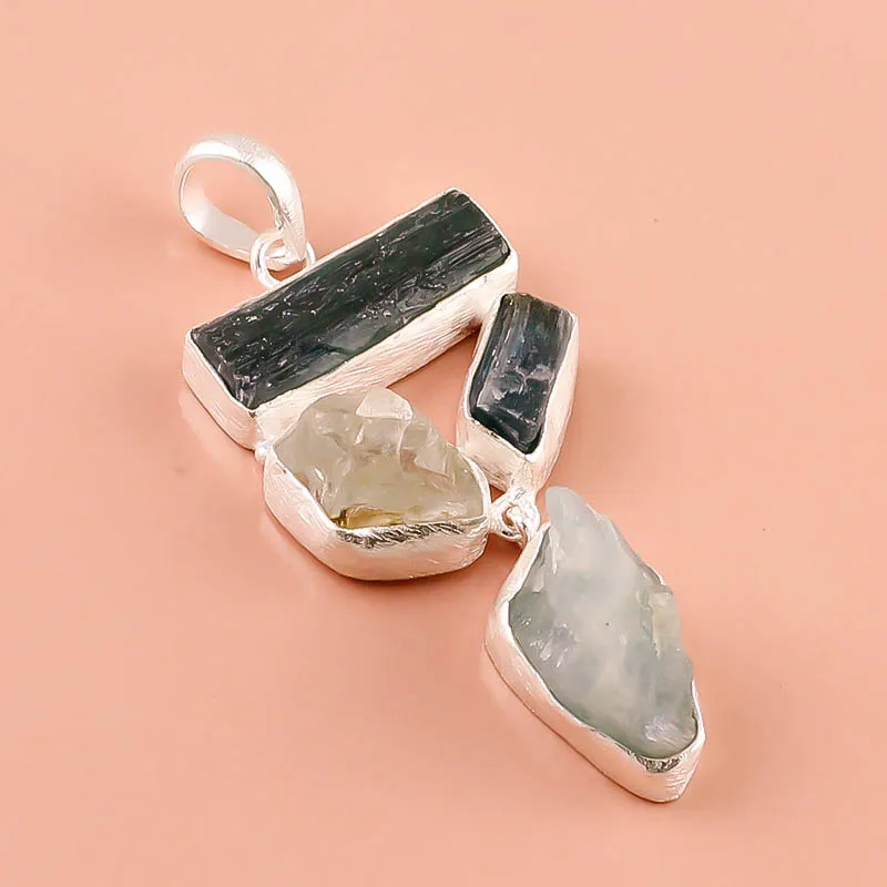 925 Sterling Silver Natural Raw Blue Kyanite , Amethyst, Garnet Gemstone Pendent, Handmade 925 Silver Gemstone Jewelry Exporter