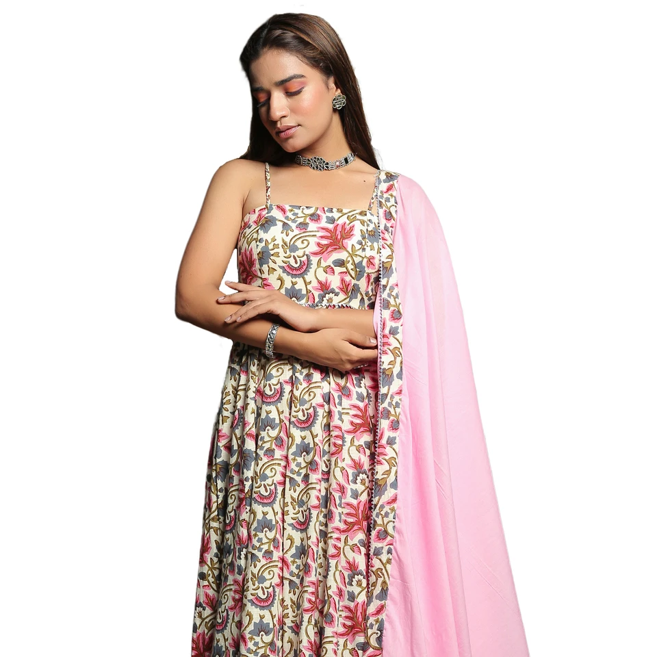 Ivory Floral Anarkali Suit With Baby Pink Dupatta Set Flared Kurta With Pants kurta Set Women & Girl Two piece pant Suit Set