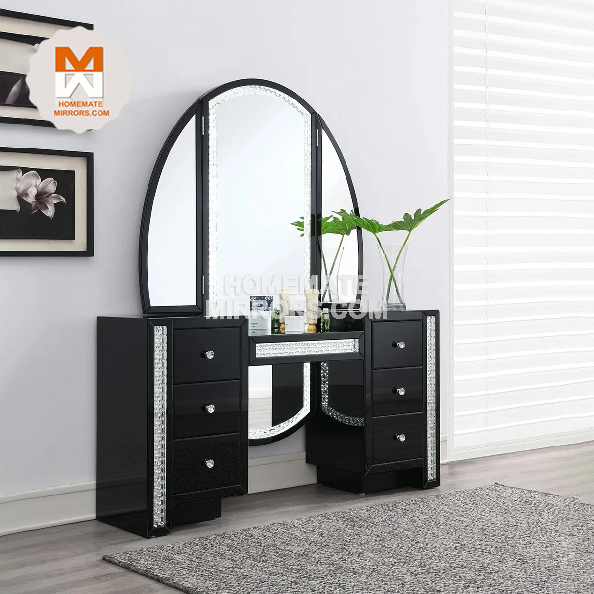 Hot Sell Modern mirrored dressing makeup vanity table set with mirror