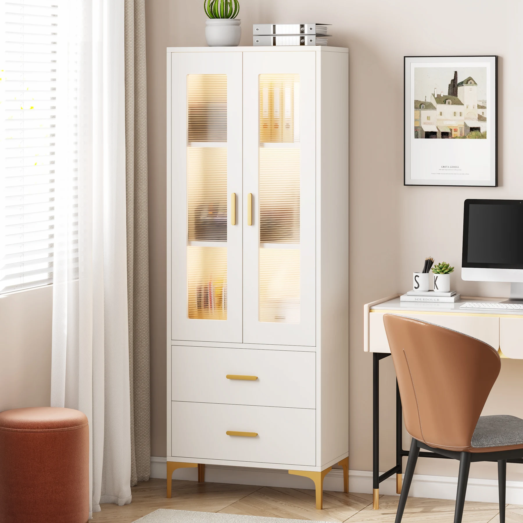 Tribesigns White Bookcase with Doors and LED Light Freestanding Bookshelf with 2 Drawers Luxury Living Room Book Cabinet