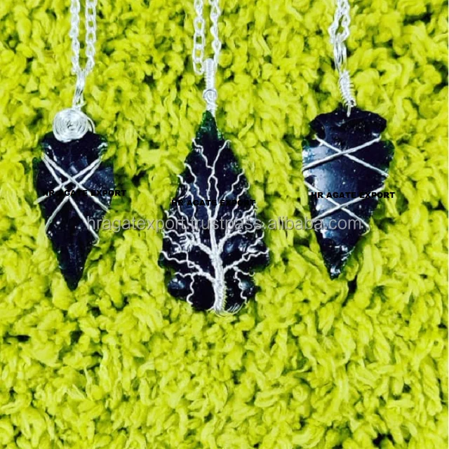 Green Gold Stone Moon Shape Tree Of Life Wire Wrapping Arrowheads Pendant Jewelry Necklace Wrap Arrowhead Pendant