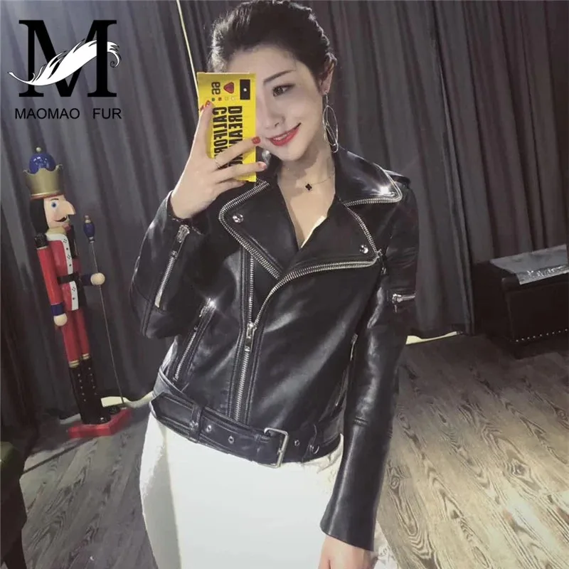 Genuine Leather Jacket Zippers Women Natural Sheepskin Coat Belt Lady Short Style Real Leather Coat for Women