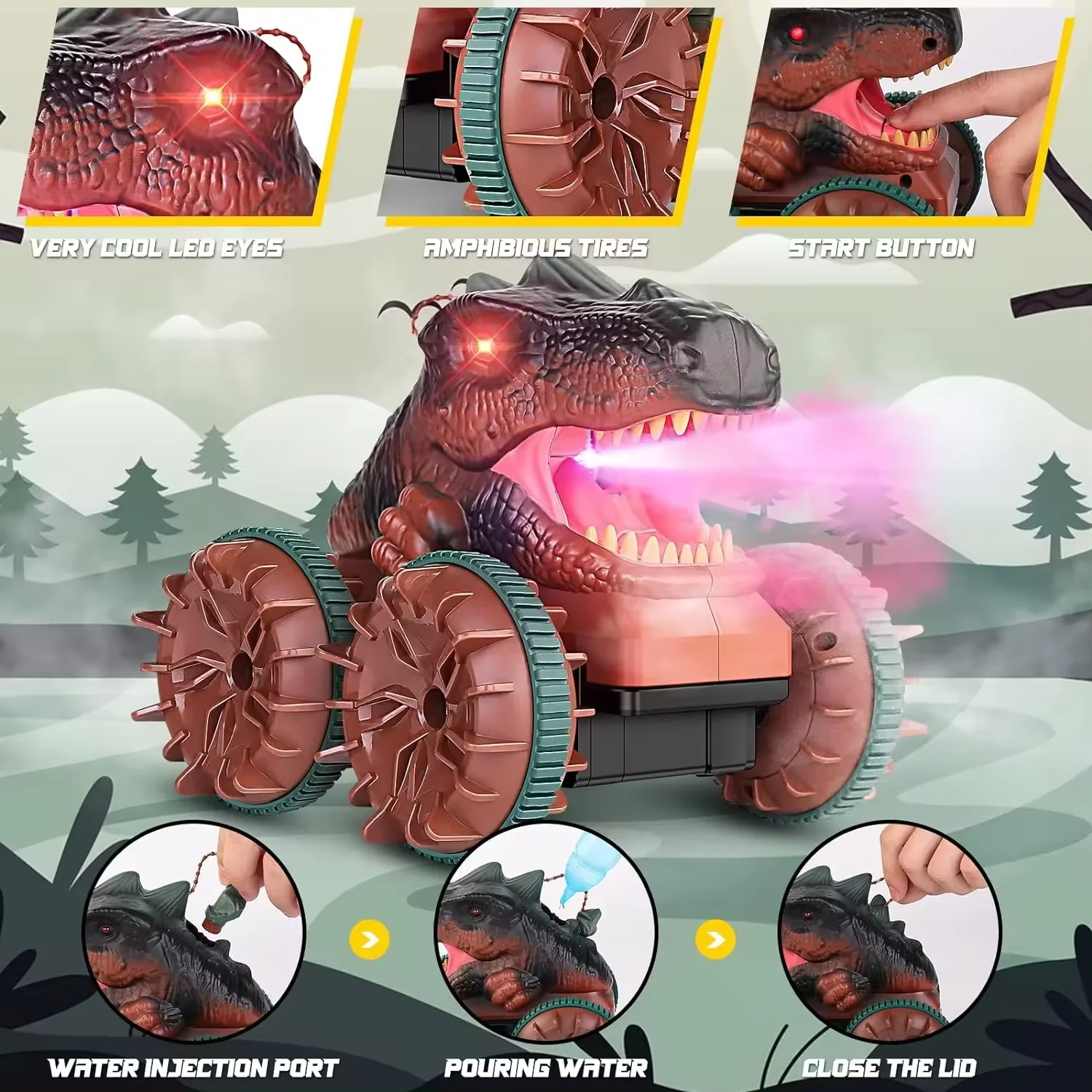 2.4G Amphibious Vehicle Toy Remote Control Car Dinosaur Monster Truck with Light Spray Function Waterproof RC Boat For kids