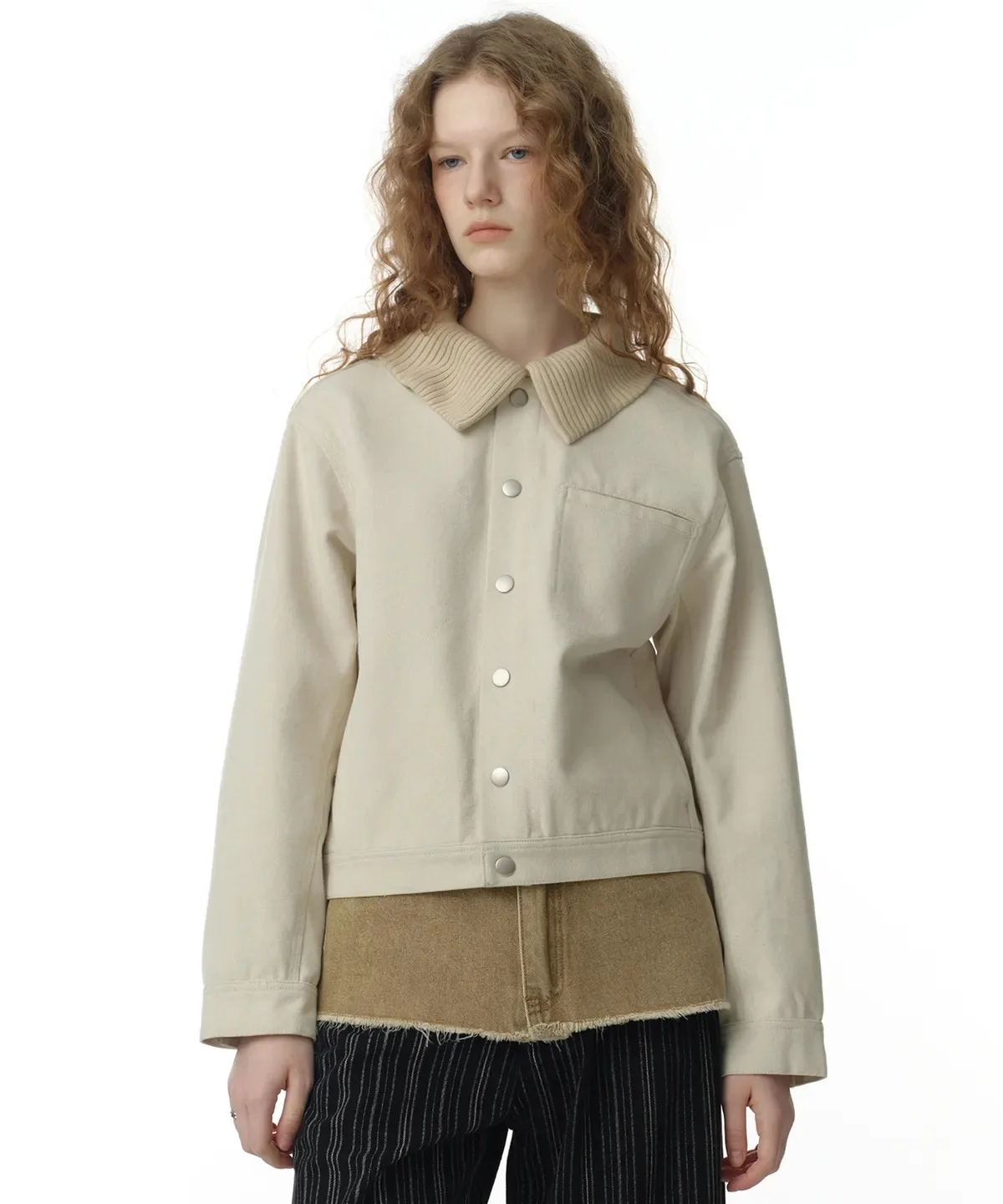 MILLO WOMEN Knit Mix Work Jacket [Ivory] S M Korean fashion Trending products 2024 new arrivals wholesale clothes