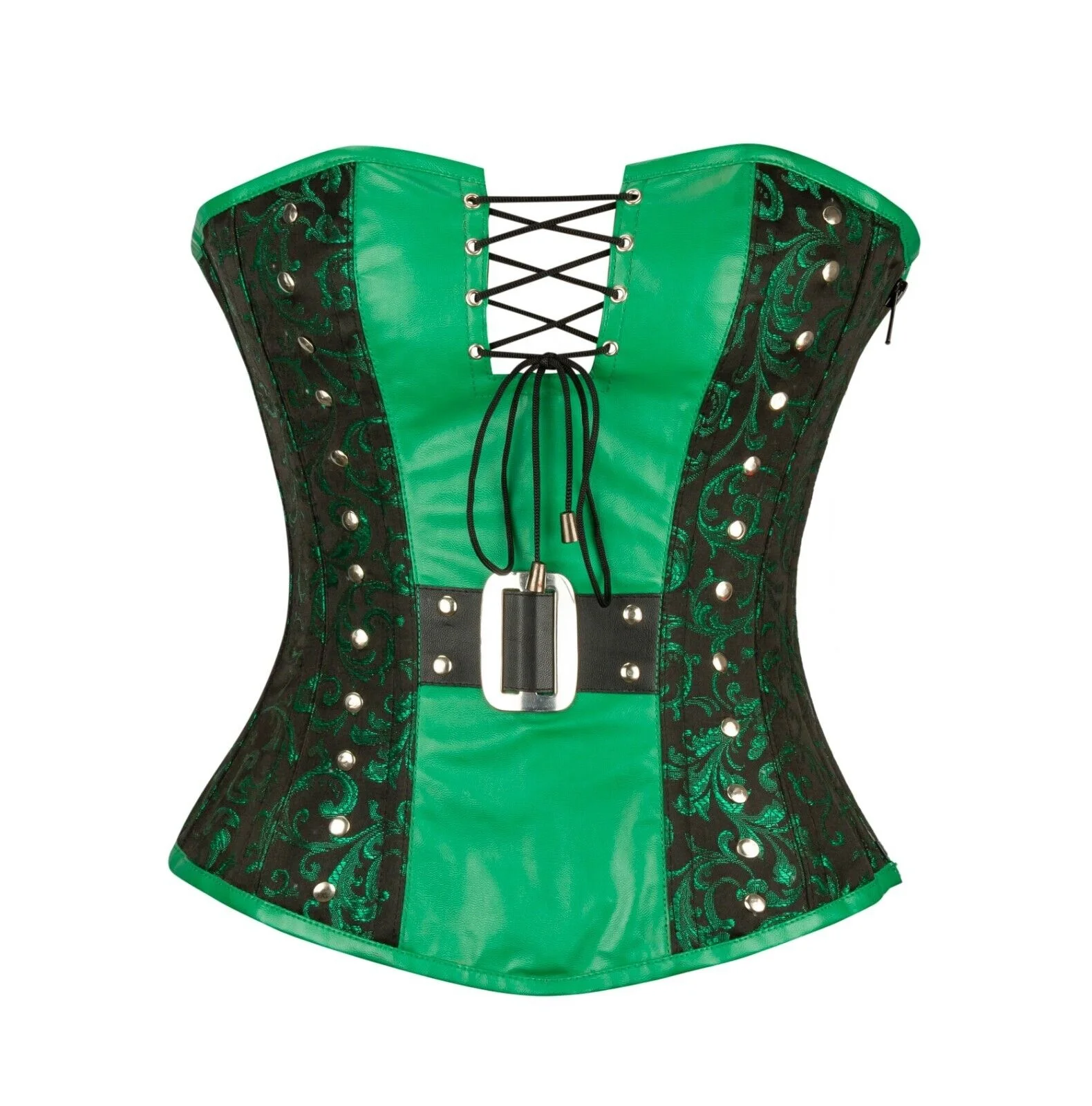 Overbust Corset Faux Leather & Brocade Steel Boned Waist Trainer Bustier Top Shaper Corset