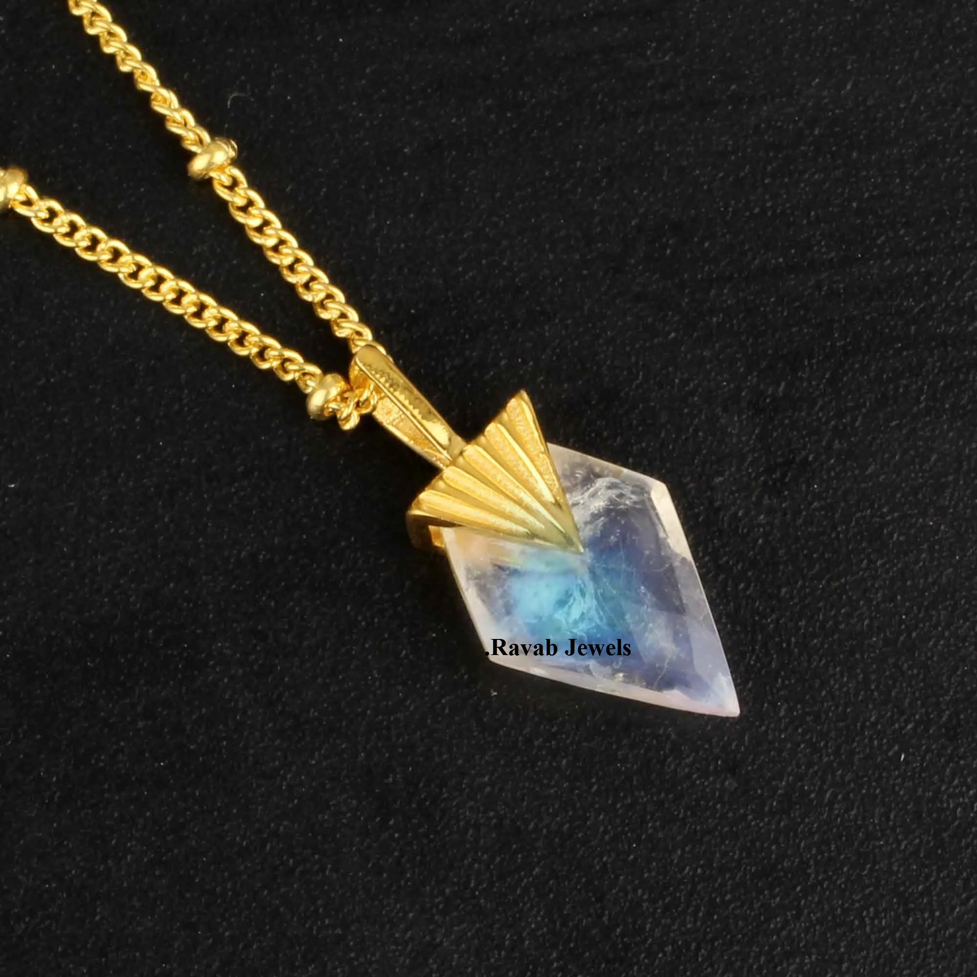 Best Quality Customized 925 Sterling Gold Plated Satellite Blue Flash Rainbow Moonstone Birthstones Fine Necklace Silver Jewelry