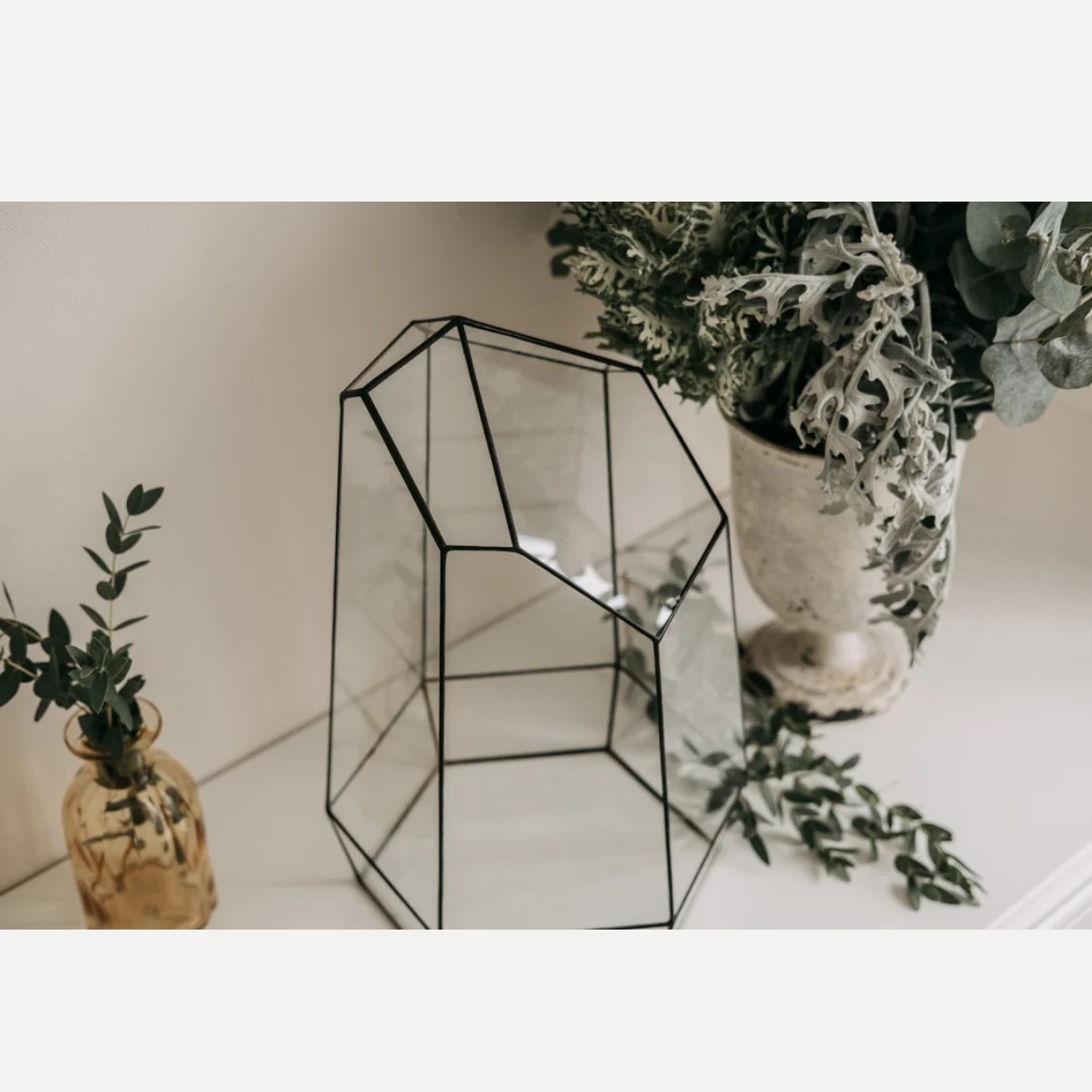 Irregular Shape Table Top Glass Terrarium with Black Metal Frame for Indoor Plant and Flower Decorations