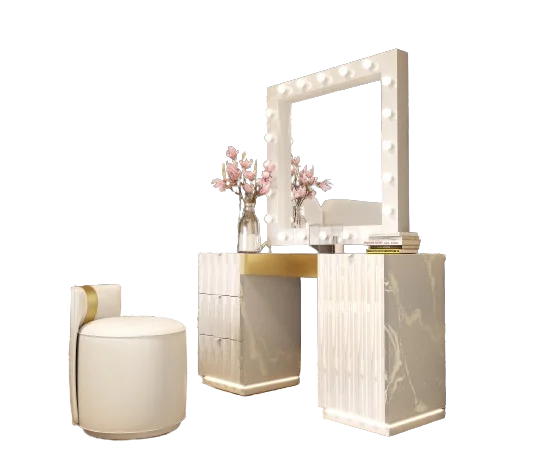 Luxury High Gloss White and Gold Makeup Vanity Set Wood Dressing Table with Mirror Stool Drawers for Bedroom Feature Storage