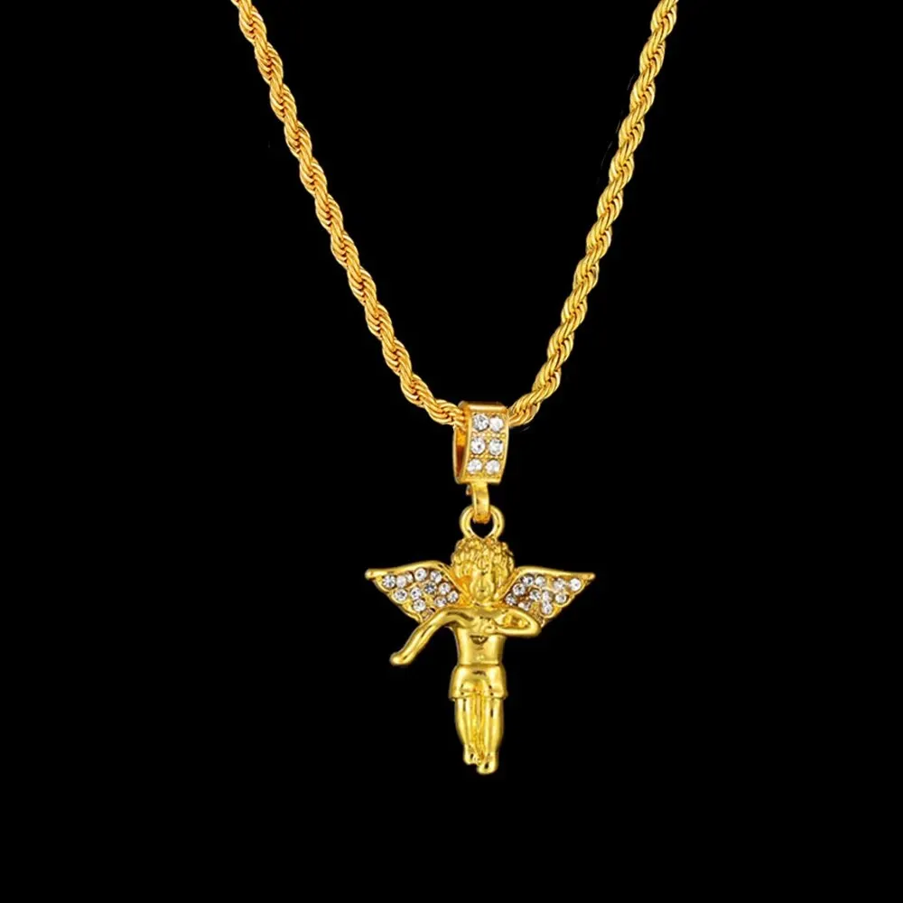 Angel Iced Out Pendant Bling Small Pendant Hip Hop Rope Chain Certified Necklace Gold Jewelry for woman & men