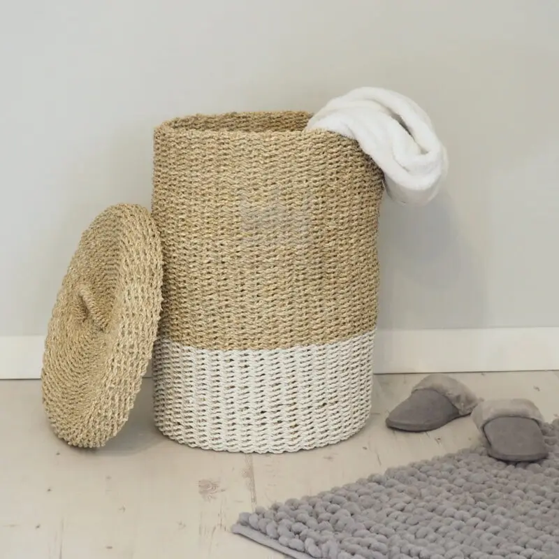 Wholesale SEAGRASS LAUNDRY BASKET with LID Wooden Plastic Rattan Fabric Cloth Stray Clothing Organizer for Kitchen Wardrobe Use