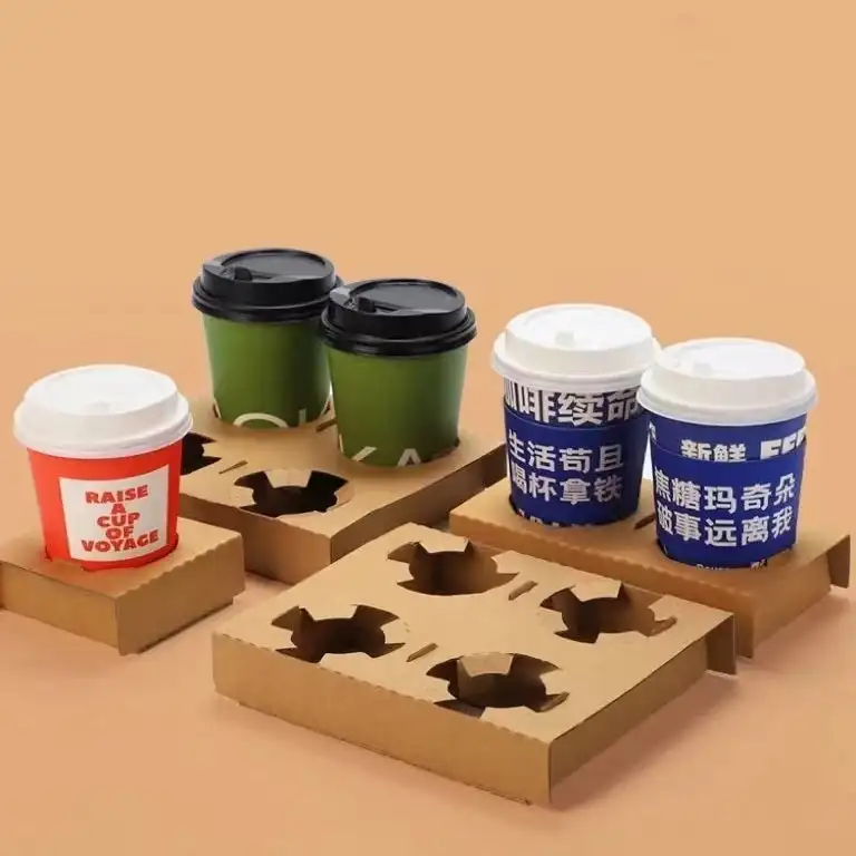 Disposable Carry Out Cup Tray Holder for Hot Cold Drinks Kraft Corrugated Coffee Cup Holder 1cup 2cup 4Cup Carriers