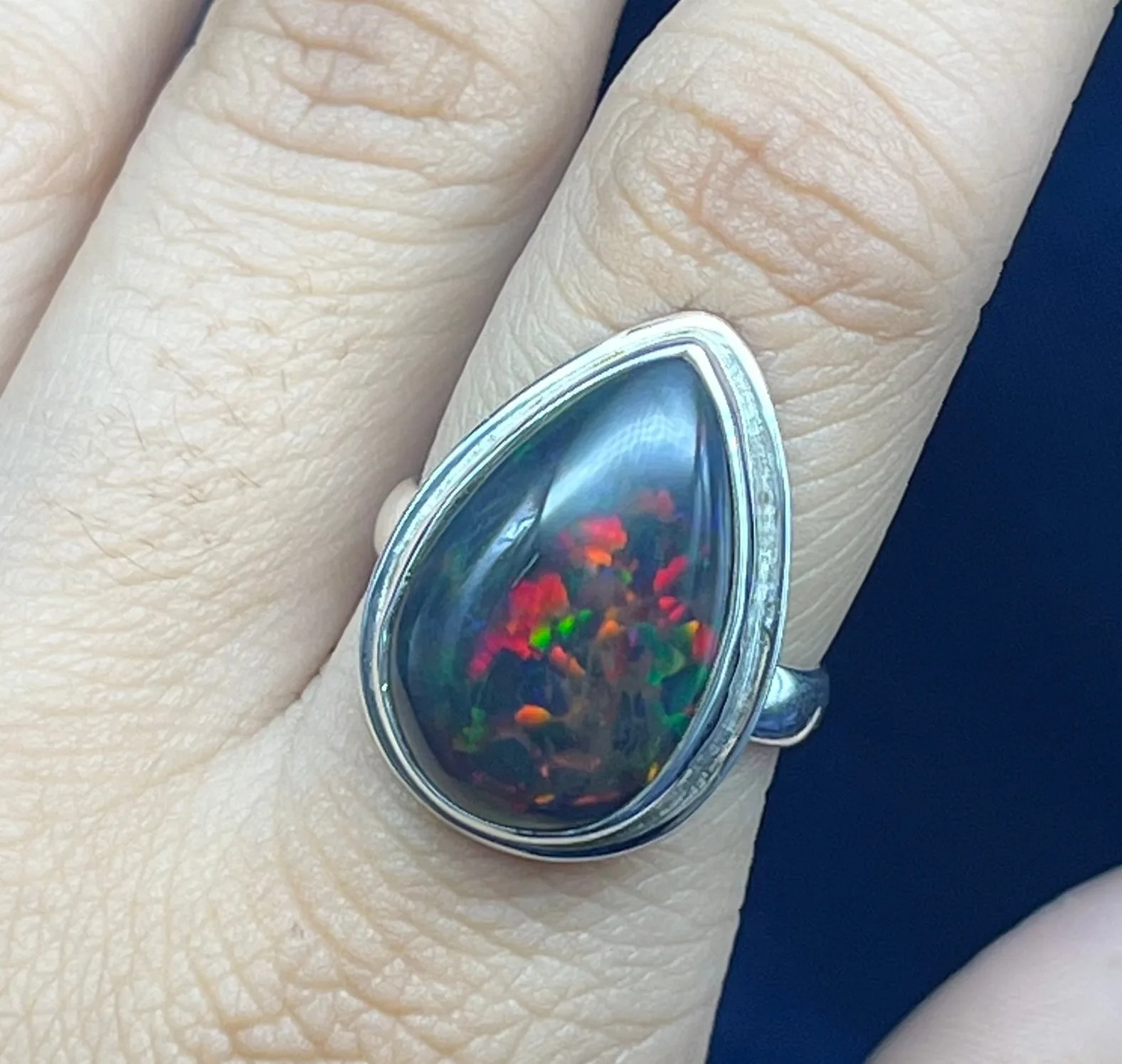 Natural Black Opal Silver Ring, Ethiopian Black Opal Gemstone Ring For Women, Tear Drop Black Opal Ring For Wedding