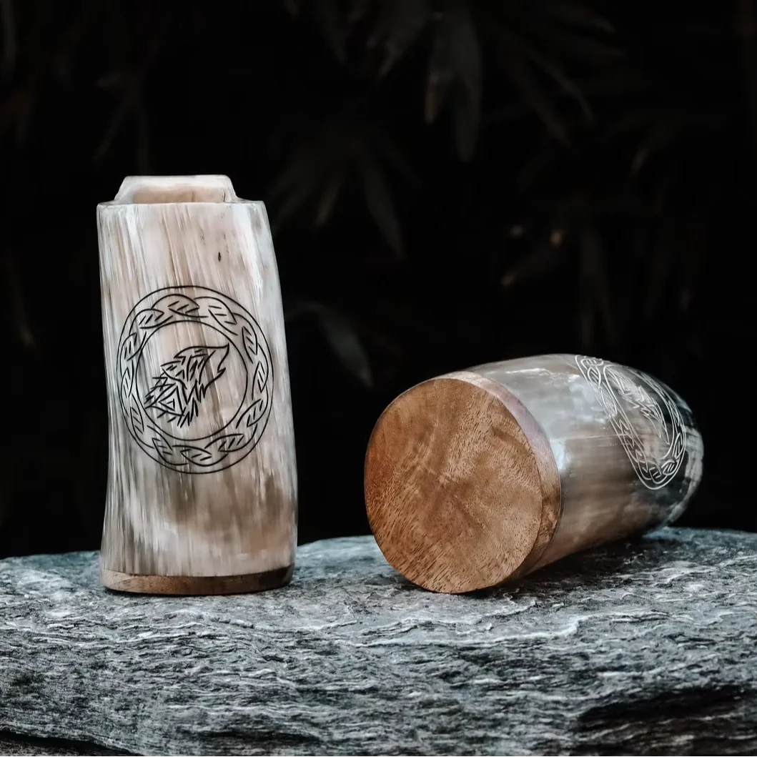 Authentic Drinking Horn Mug with Handcrafted Wooden Base Perfect for Medieval-Themed Events Parties