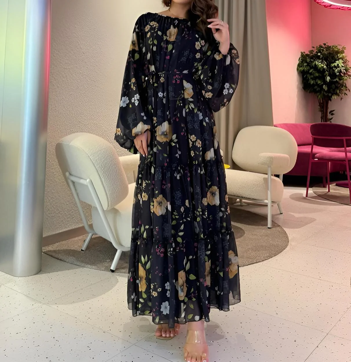 Hijab Dress Floral Pleated Maxi Skirt 2023 Islamic Muslim Women Dress Modest Dress For Muslim WOMEN