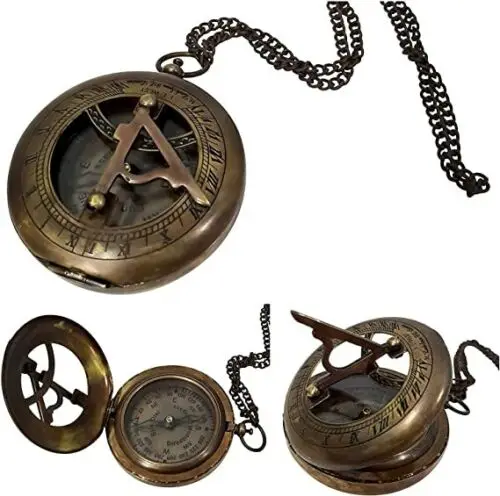 Antique nautical Sundial Push Button Solid Brass Compass with Chain Magnetic...Navigation Magnetic Compass New Product