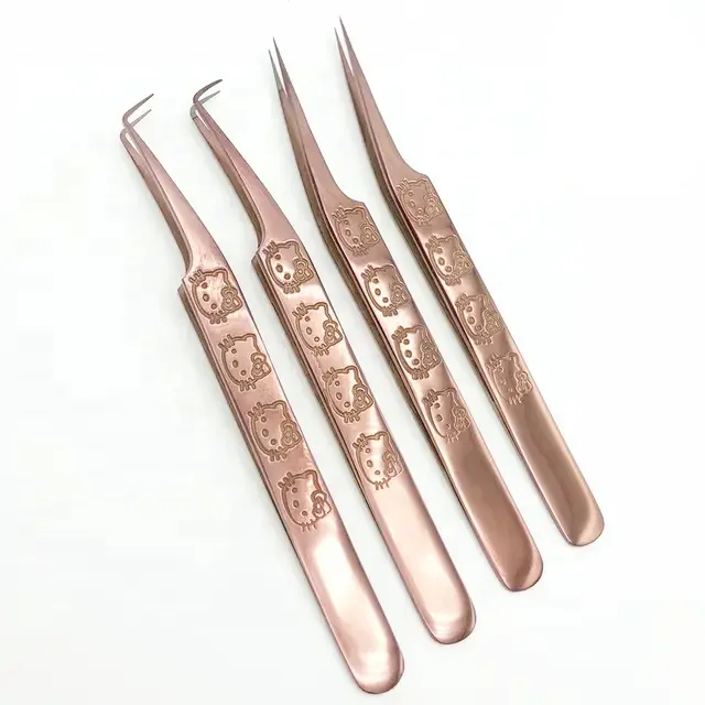 Hot Sale Rose Gold Color Hello Kitty Lash Tweezers For Eyelash Extension Stainless Steel 90 Degree Fiber Tip Tweezers