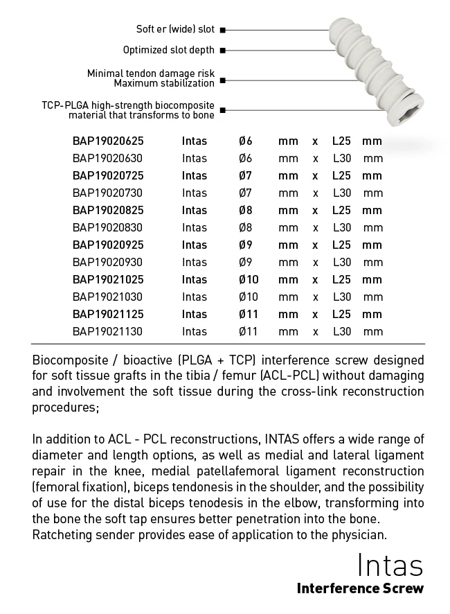 BIOABSORBABLE PLGA+TCP ACL PCL INTERFERENCE SCREW