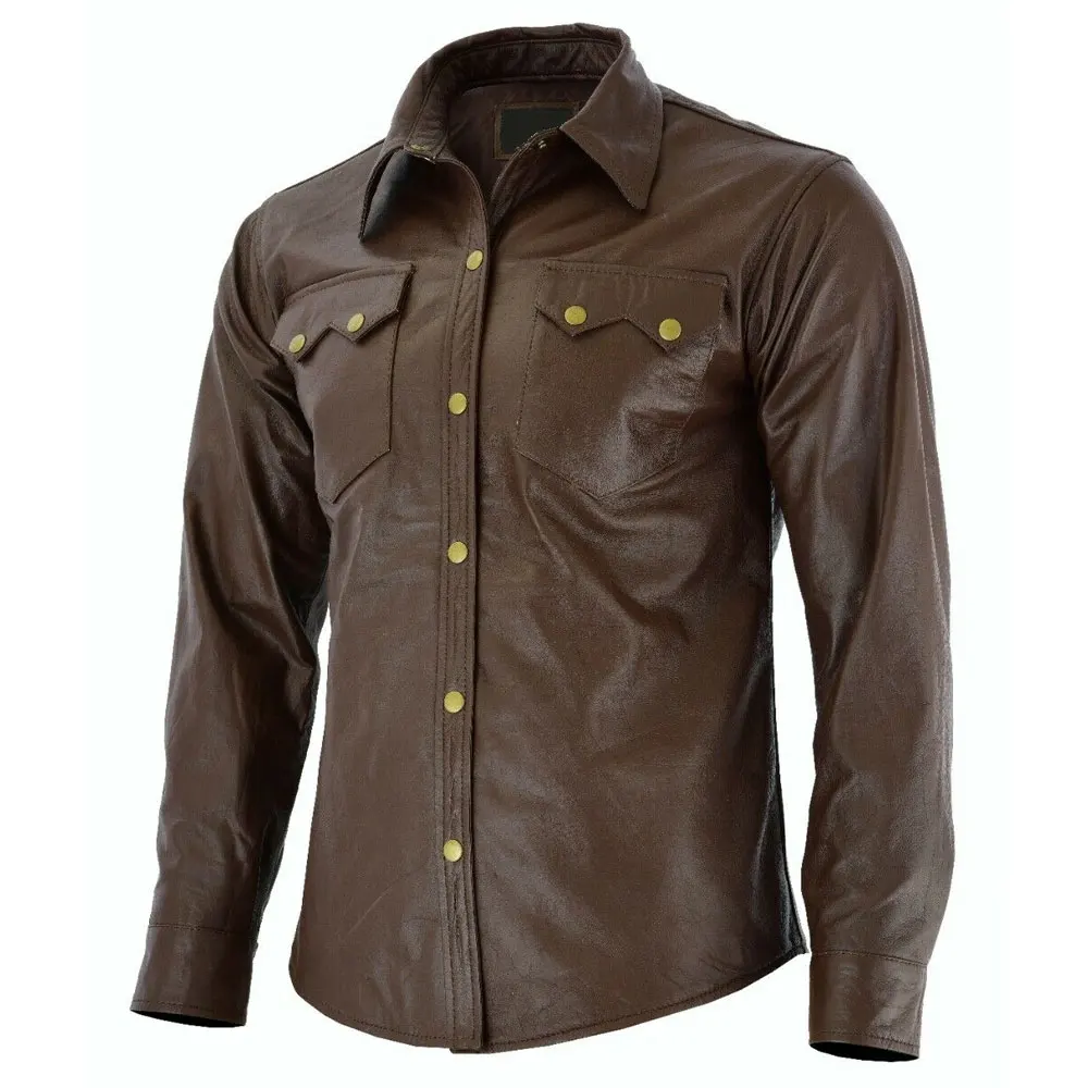 Customized Made Premium Quality Leather Jacket For Men Genuine Cowhide Shirt Collar Casual Classic Leather Shirts